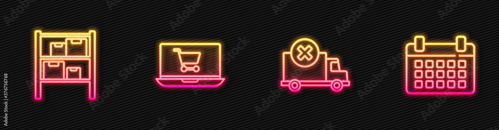 Set line Delivery cargo truck vehicle, Warehouse, Shopping cart on laptop and Calendar. Glowing neon