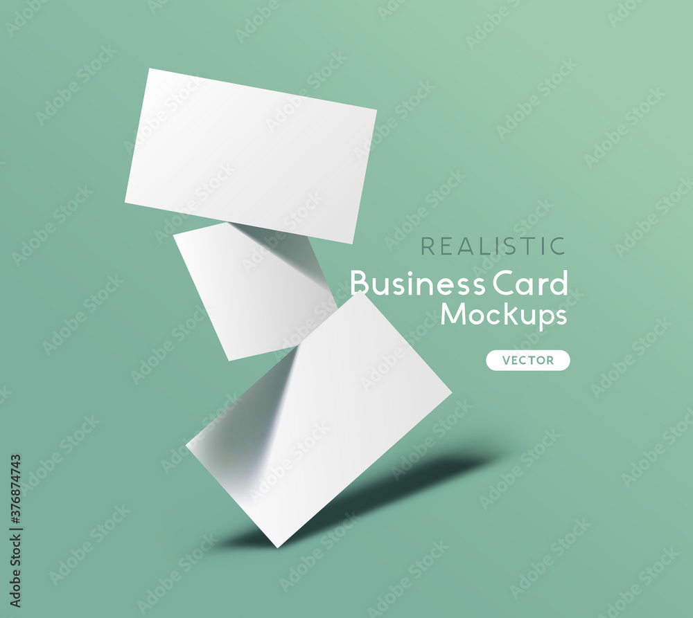 Floating stack of business cards on a green background. Brand identity mockup design with shadows. V