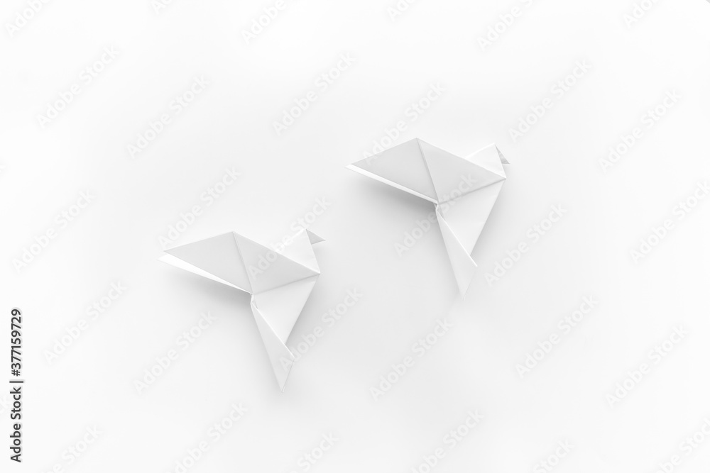 Paper pigeons in origami technique. DIY creativity. View from above