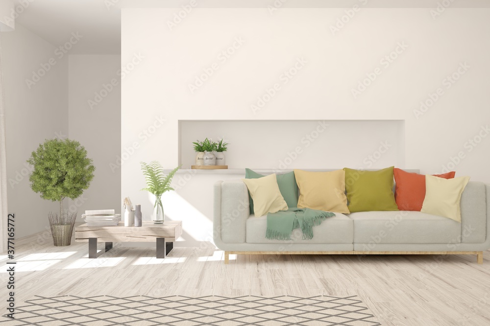 White living room with sofa. Scandinavian interior design. 3D illustration