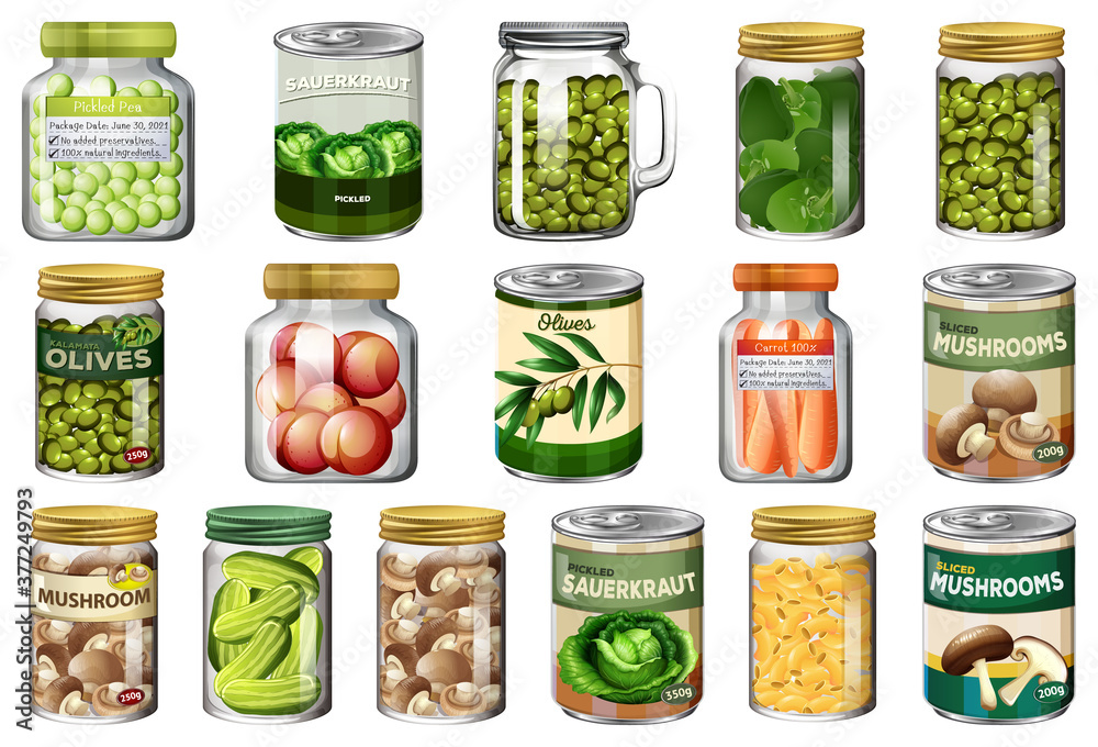 Set of different canned food and food in jars isolated