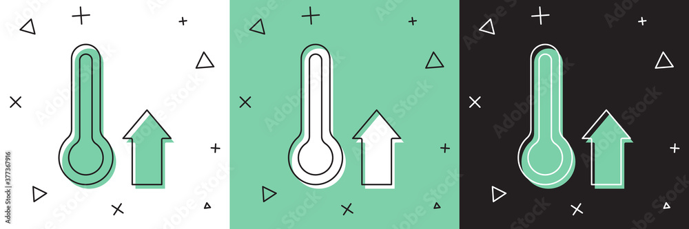 将气象温度计测量图标隔离在白色和绿色、黑色背景上。温度计