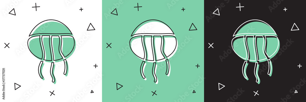 将水母图标隔离在白色、绿色、黑色背景上。矢量。