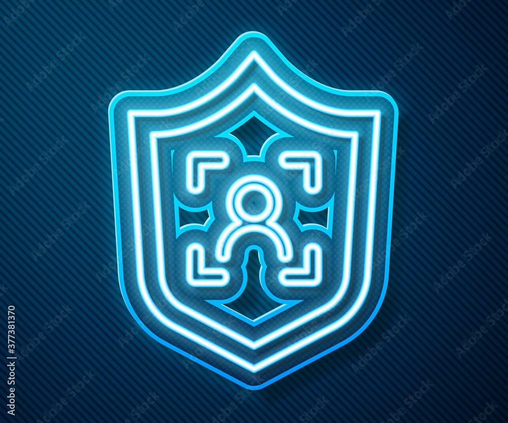 Glowing neon line Shield face recognition icon isolated on blue background. Face identification scan