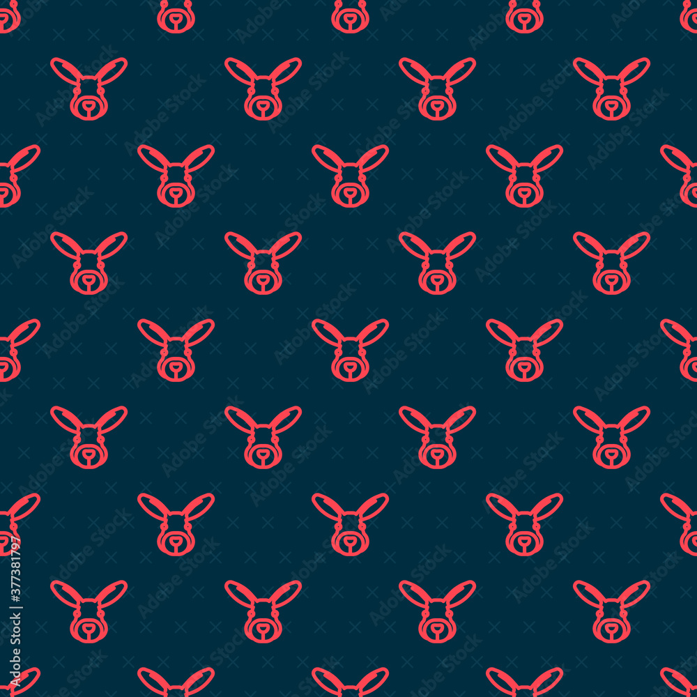 Red line Rabbit head icon isolated seamless pattern on black background. Vector.