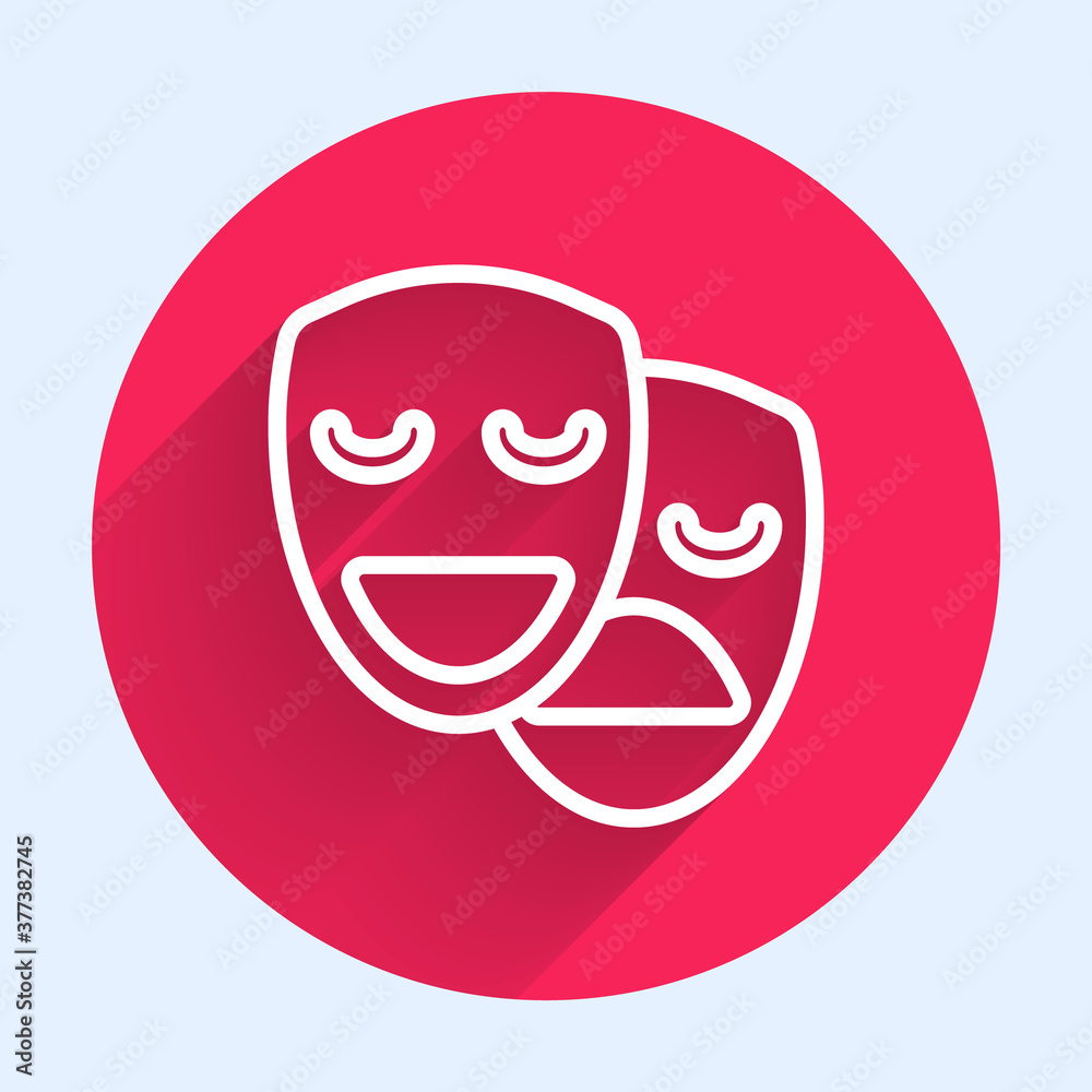 White line Comedy and tragedy theatrical masks icon isolated with long shadow. Red circle button. Ve