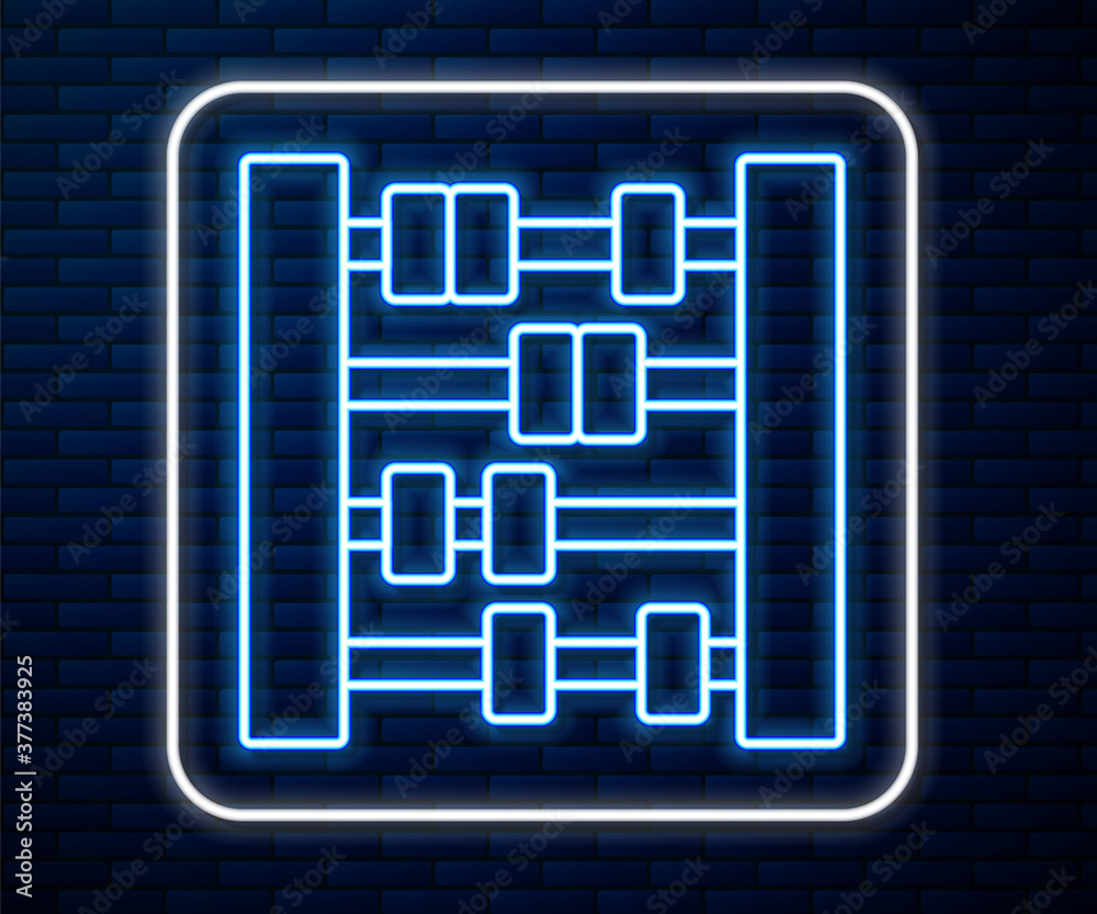 明亮的霓虹线算盘图标隔离在砖墙背景上。传统的计数框架。Educati