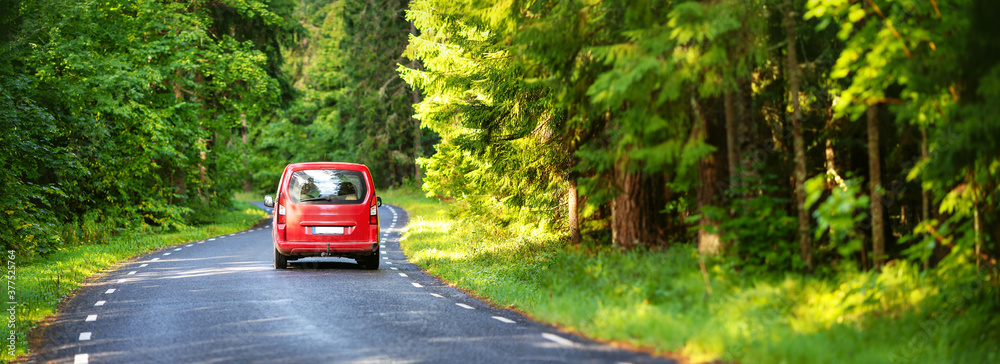 red car on asphalt road in summer