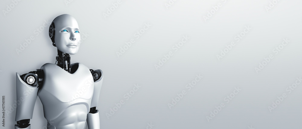 Standing humanoid robot looking forward on clean background 3D illustration