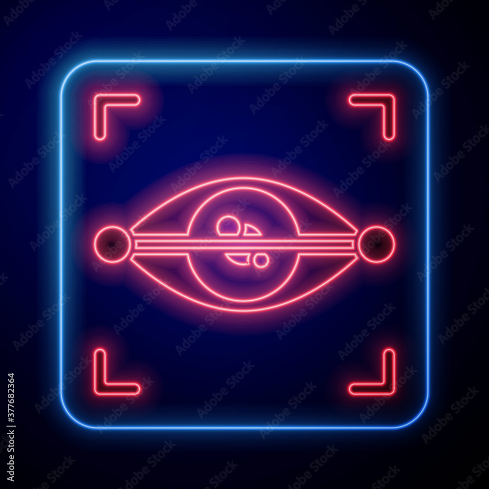 Glowing neon Eye scan icon isolated on blue background. Scanning eye. Security check symbol. Cyber e