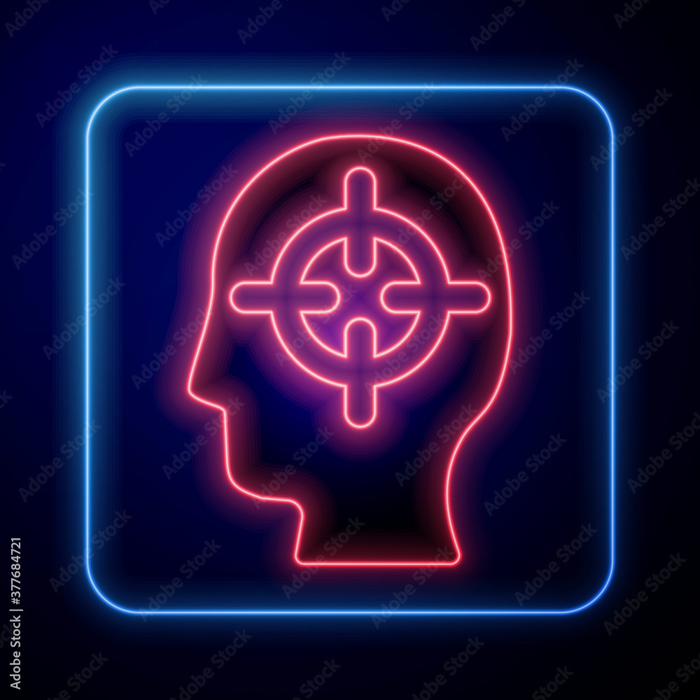 Glowing neon Finding a problem in psychology icon isolated on blue background. Vector.