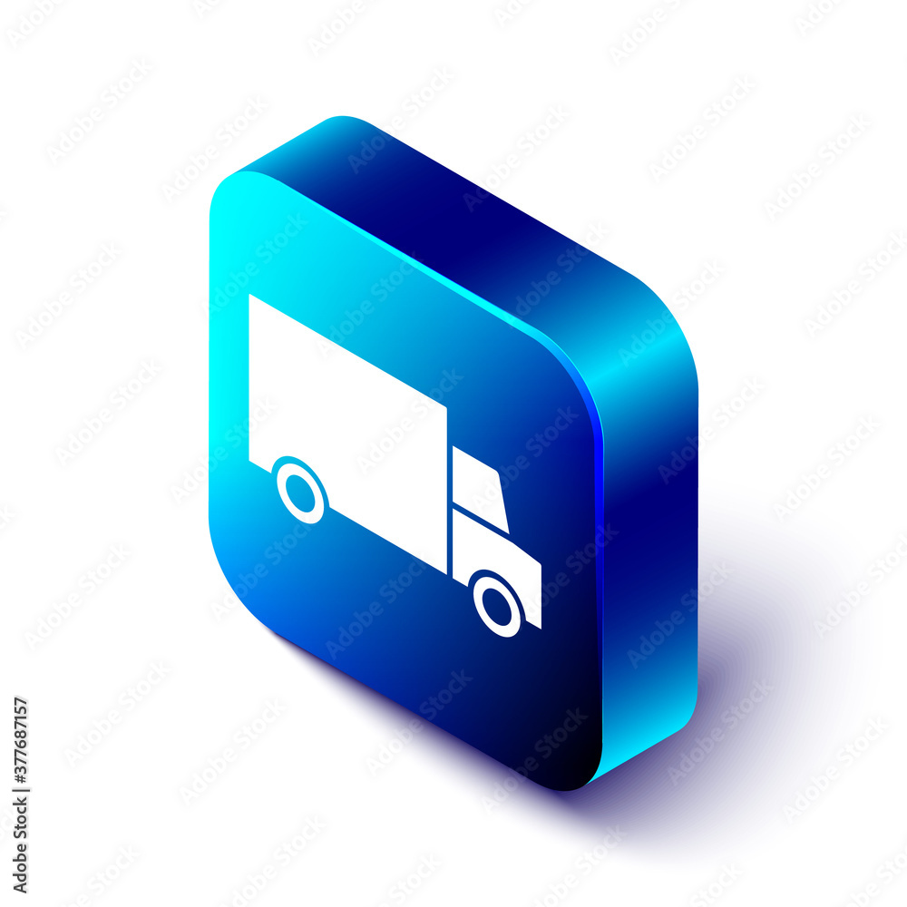 Isometric Fast round the clock delivery by car icon isolated on white background. Blue square button