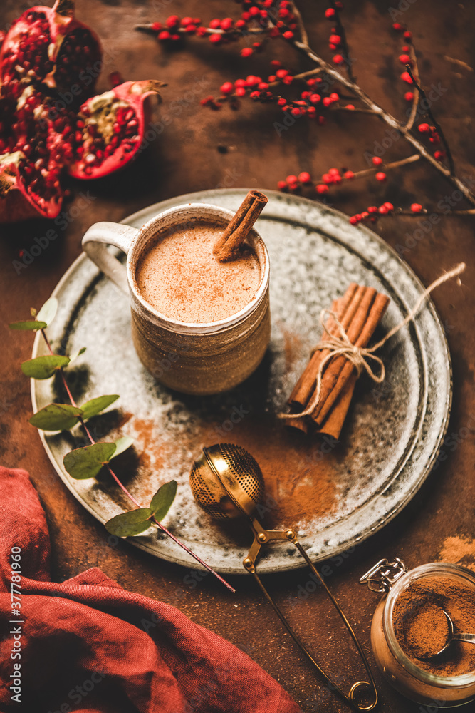 Turkish traditional wintertime hot drink Salep. Mug of Turkish sweet warming Salep drink with ground