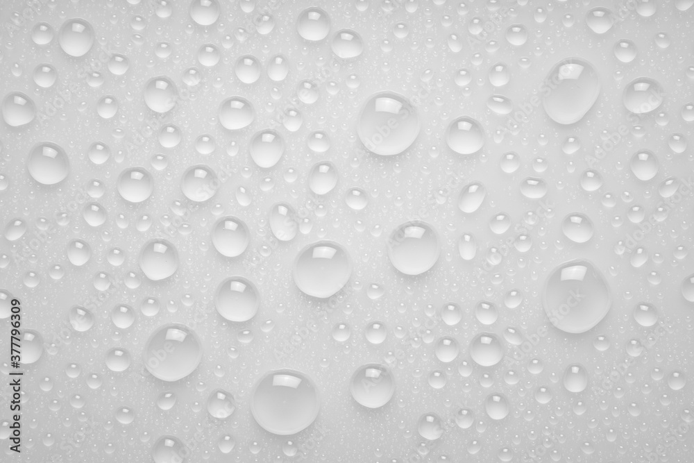 Water droplets on a gray background. Water droplets on a background of water drops.