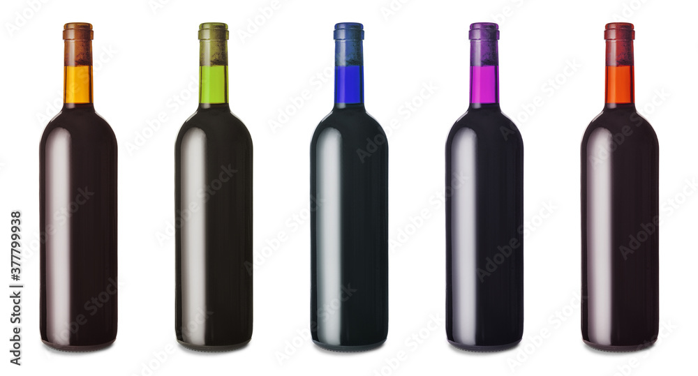 Bottles of different drinks on white background