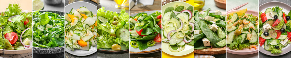 Collage of photos with tasty cucumber salads