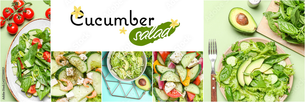 Collage of photos with tasty cucumber salads