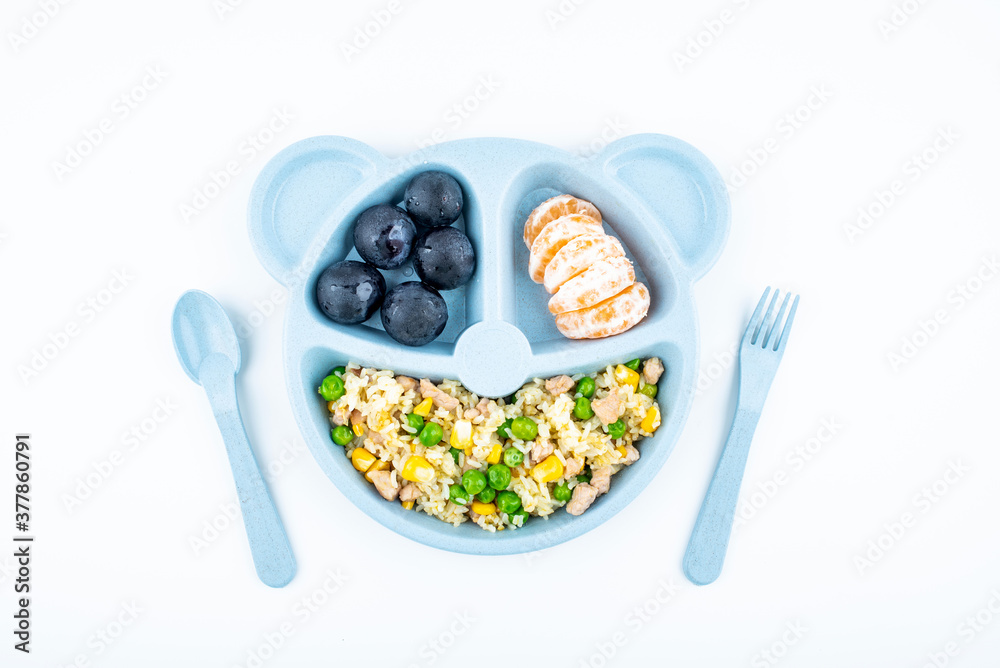 A plate of baby nutrition meal on white background