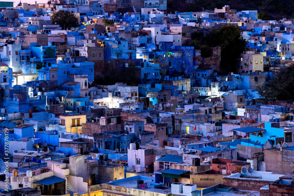 The famous blue city, Aerial view of Jodhpur city, Rajasthan, India, view from Mehrangarh fort.