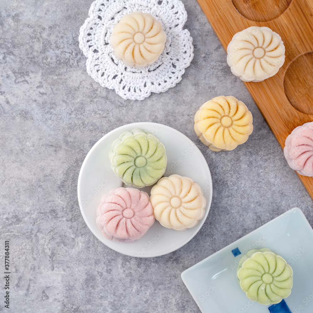 Colorful snow skin moon cake, sweet snowy mooncake, traditional savory dessert for Mid-Autumn Festiv