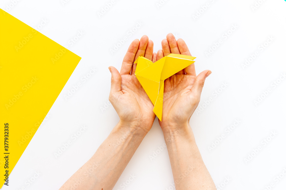 Origami bird in female hands. Care peace concept. Top view