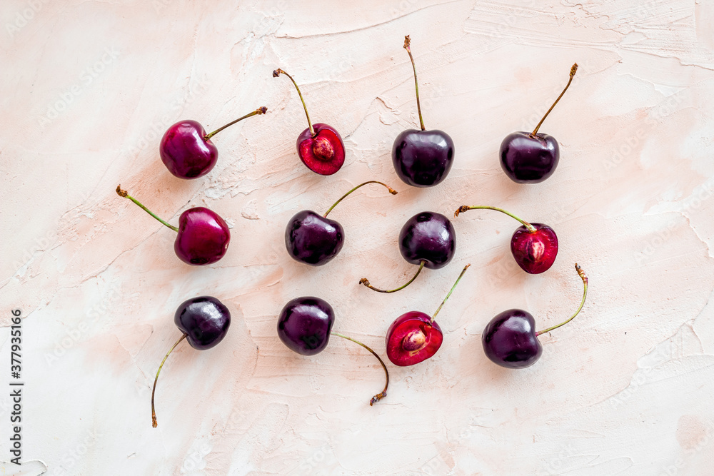 Fresh cherries pattern, top view. Food berries background