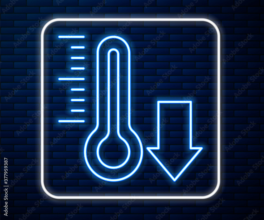 Glowing neon line Meteorology thermometer measuring icon isolated on brick wall background. Thermome