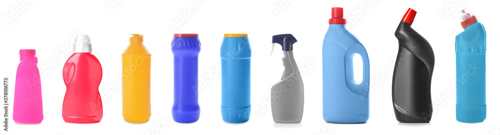 Bottle of detergent on white background