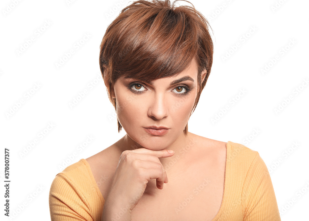 Young woman with beautiful short hair on white background