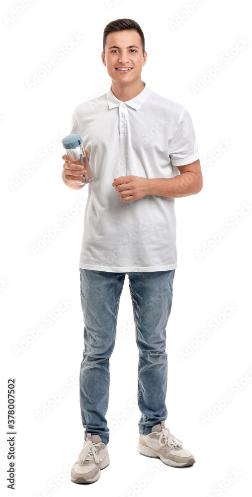 Young man with bottle of water on white background