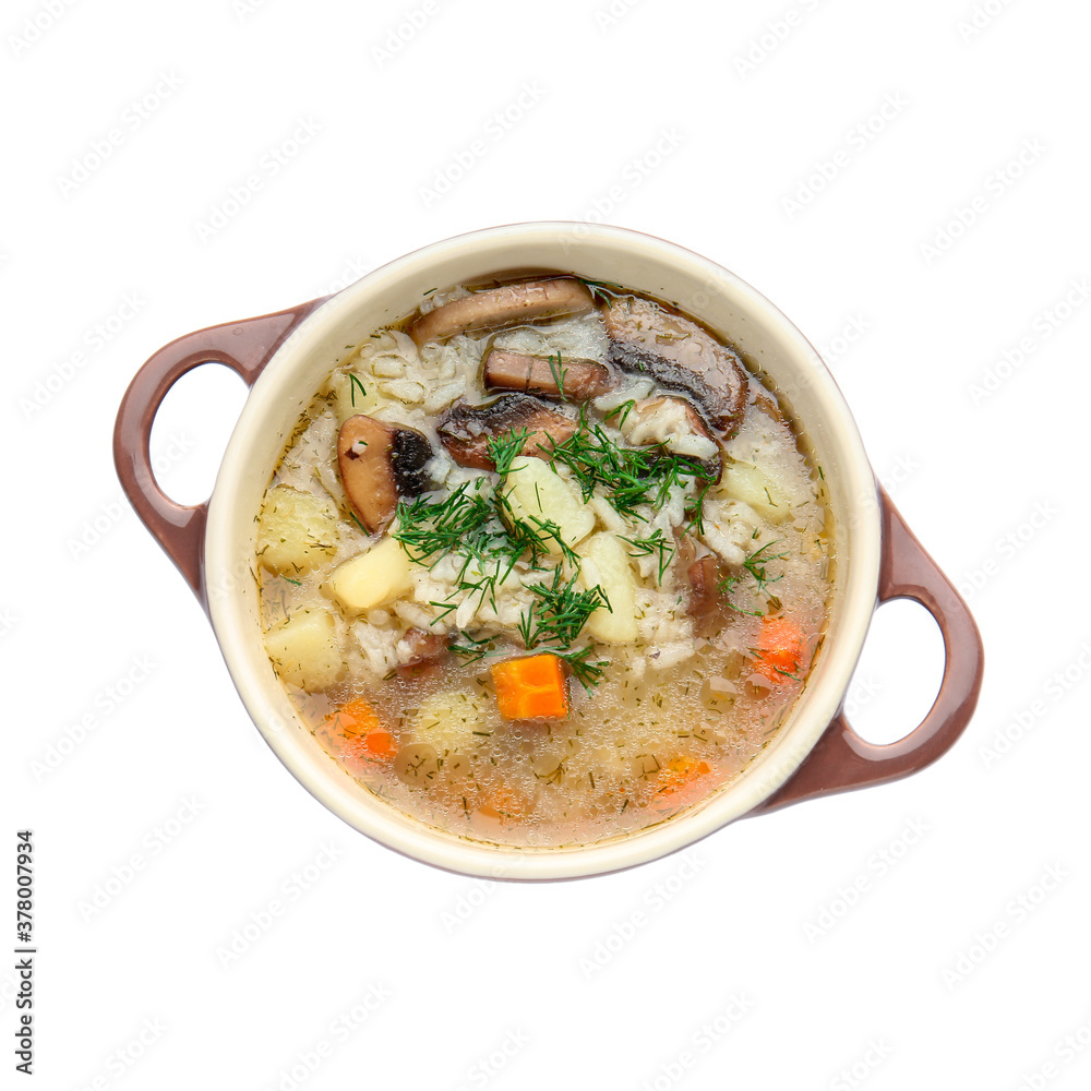 Pot of tasty rice soup on white background