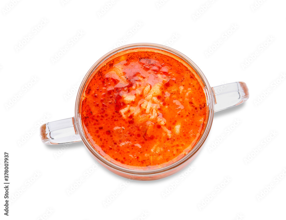 Pot of tasty rice soup on white background