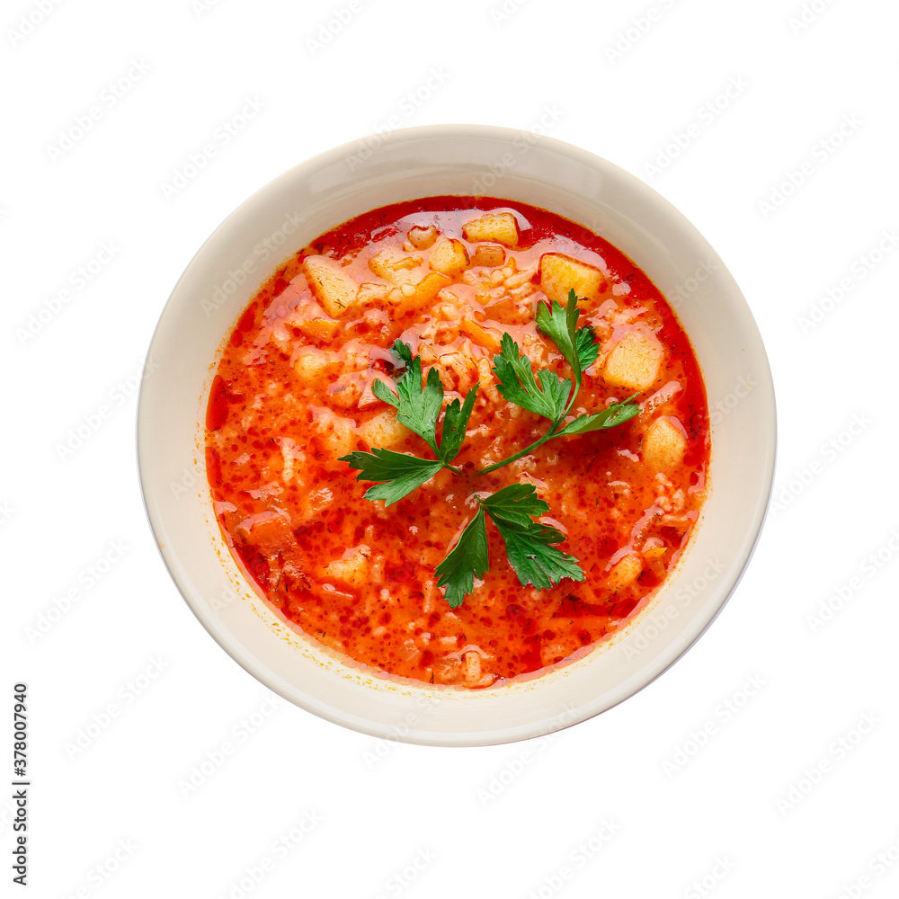 Bowl of tasty rice soup on white background