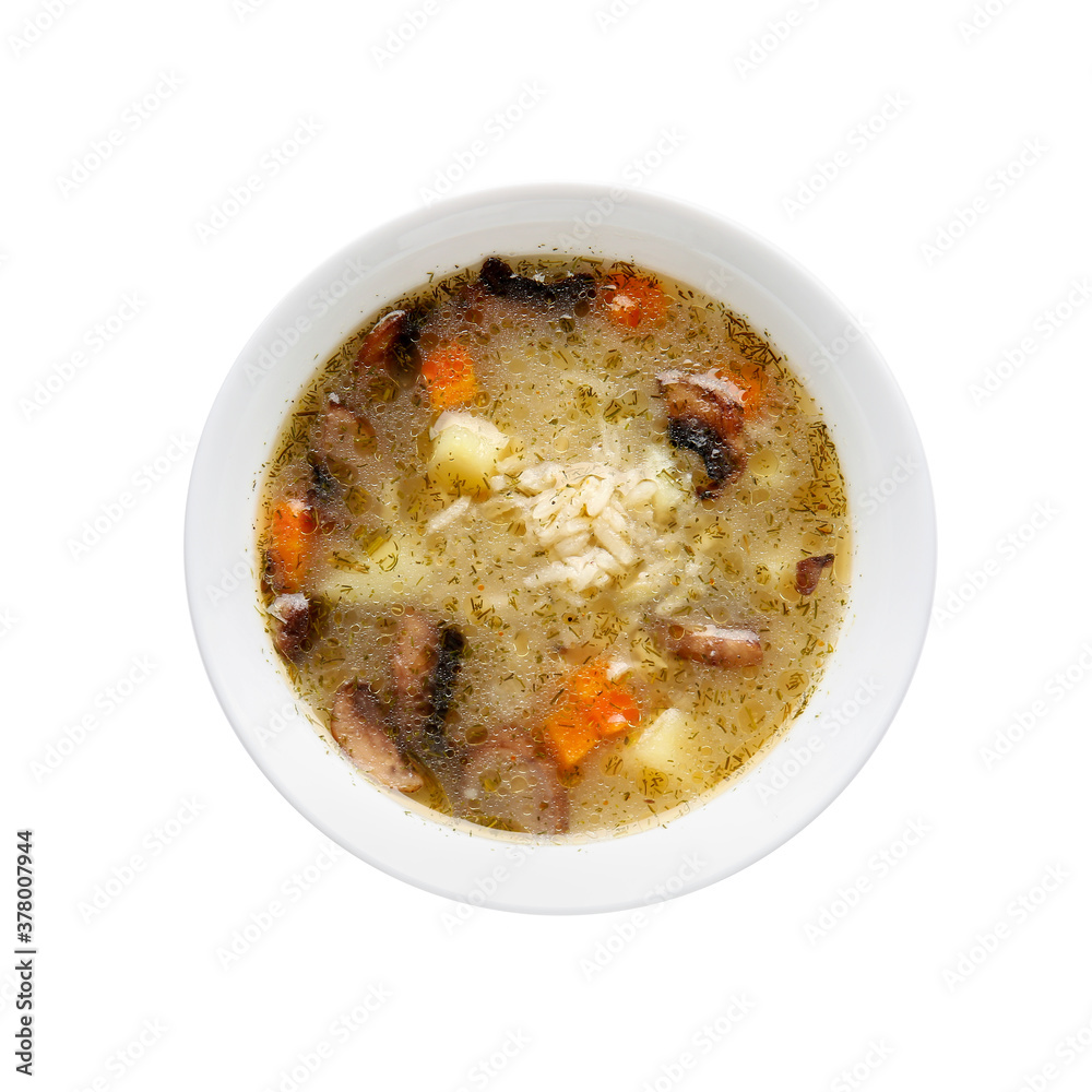 Bowl of tasty rice soup on white background