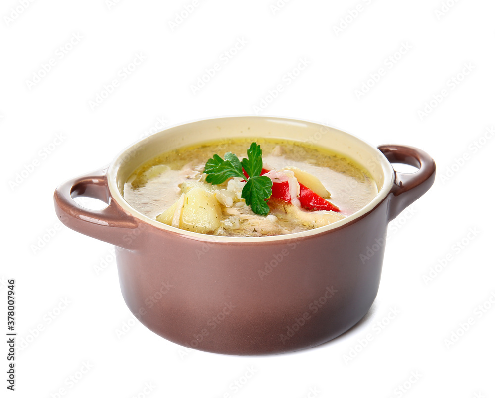 Pot of tasty rice soup on white background