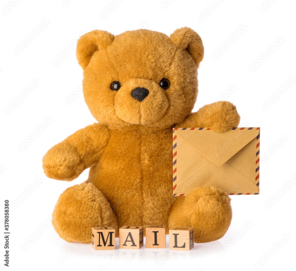 toy bear holding envelope mail concept isolated white background