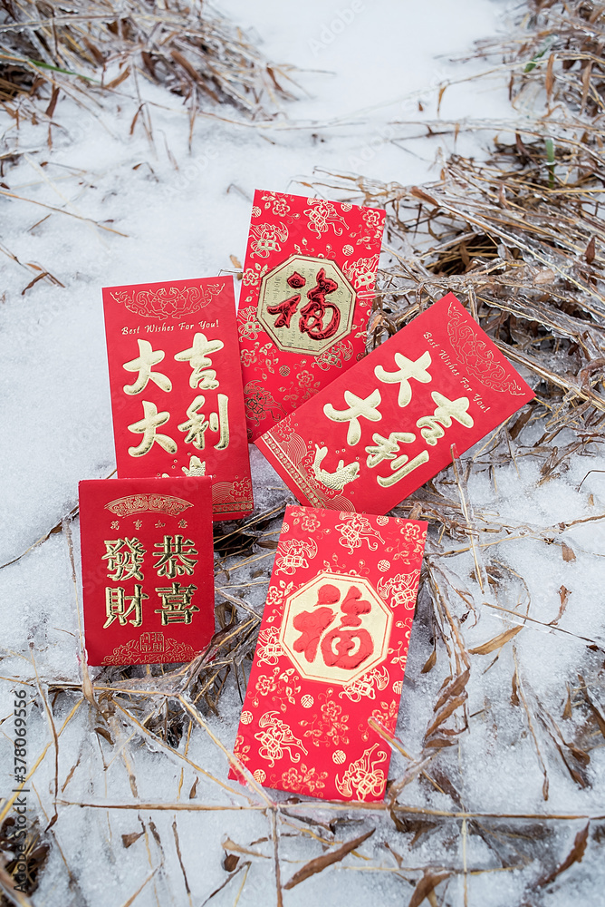 New Year red envelopes on the snow/Chinese New Year background