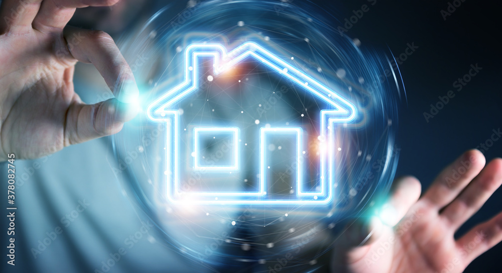 Man using real estate digital neon interface 3D rendering