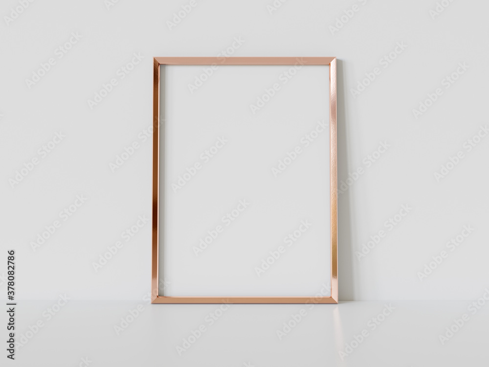 Golden frame leaning on white floor in interior mockup. Template of a picture framed on a wall 3D re