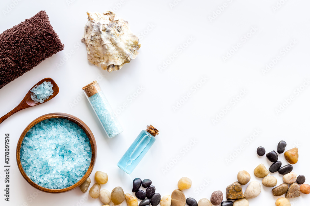 Wellness set of sea salt, stones and aroma oil. Top view