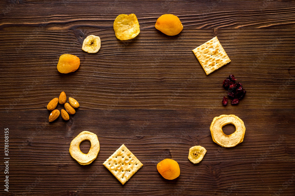 Fast food snacks collection - nuts and dried fruits top view