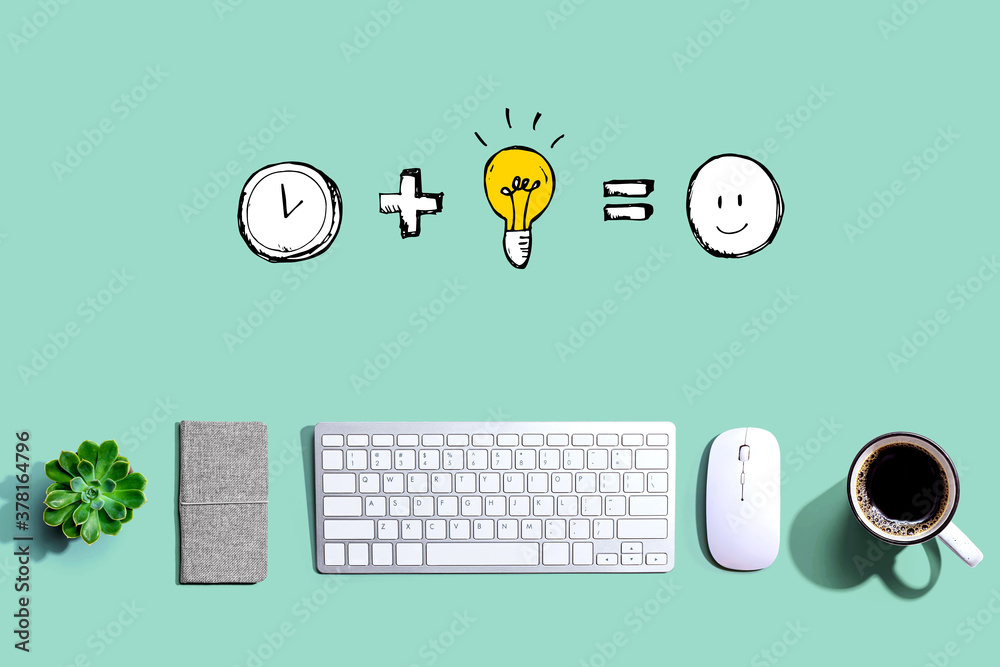 Time plus idea equals happy with a computer keyboard and a mouse