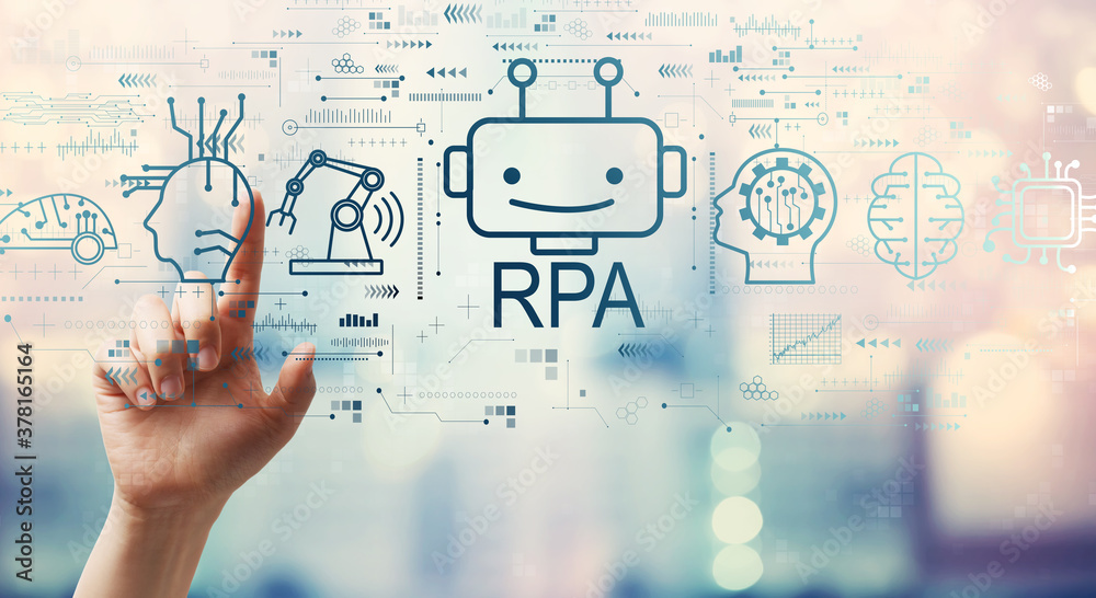 Robotic Process Automation RPA theme with hand pressing a button on a technology screen