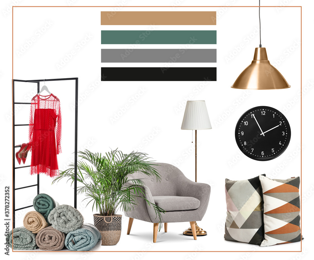 Elements of modern living room on white background. Different color patterns