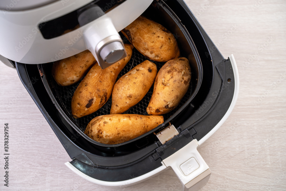 Roasted sweet potato cooked by airfryer at home. Healthy food for diet eating.