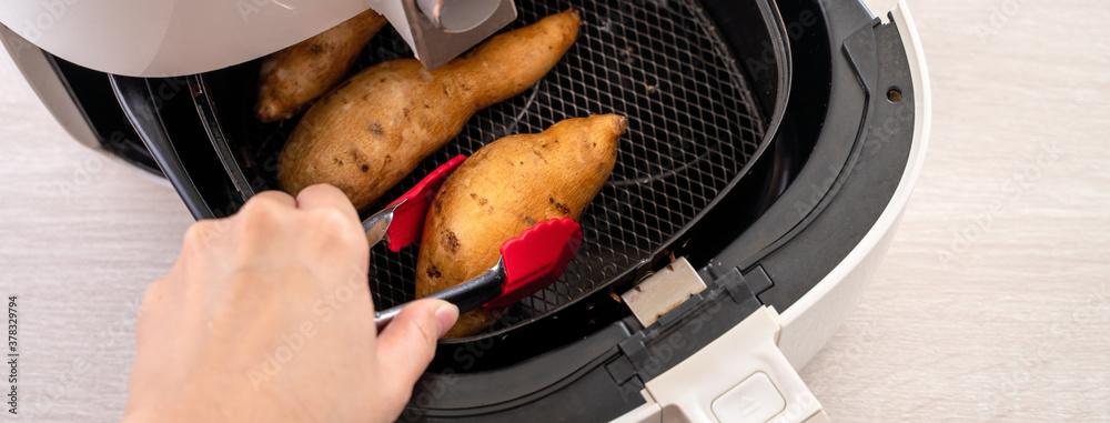 Roasted sweet potato cooked by airfryer at home. Healthy food for diet eating.