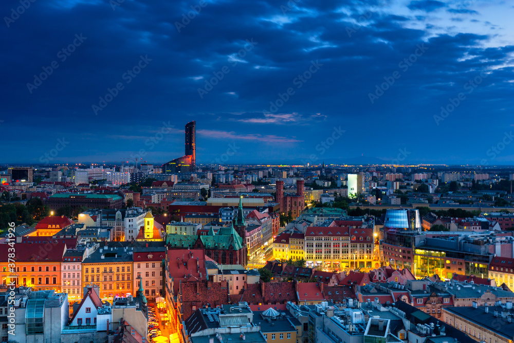 Cityscape of Wrocław old town at dusk. Poland