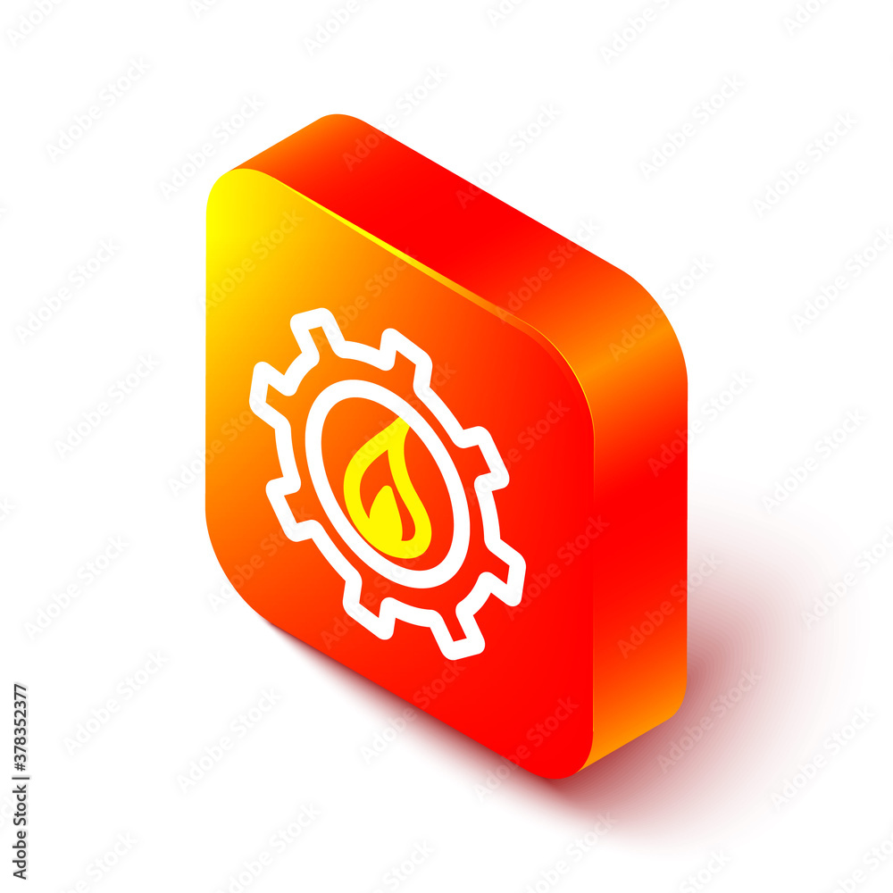 Isometric line Oil and gas industrial factory building icon isolated on white background. Orange squ