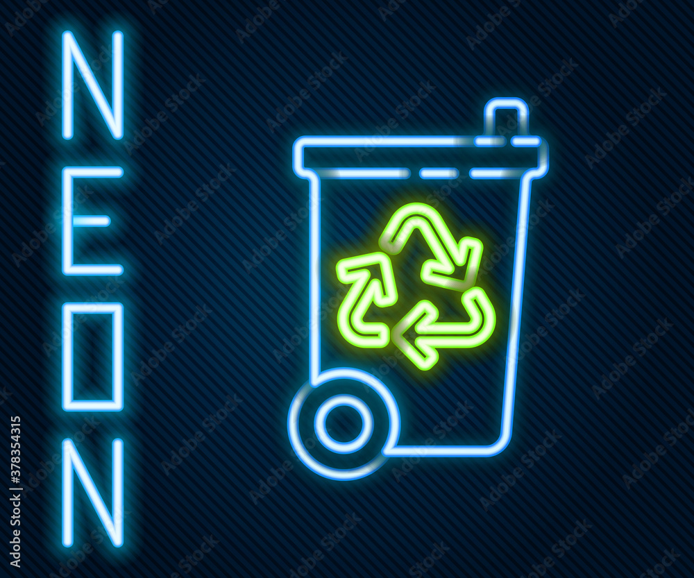 Glowing neon line Recycle bin with recycle symbol icon isolated on black background. Trash can icon.