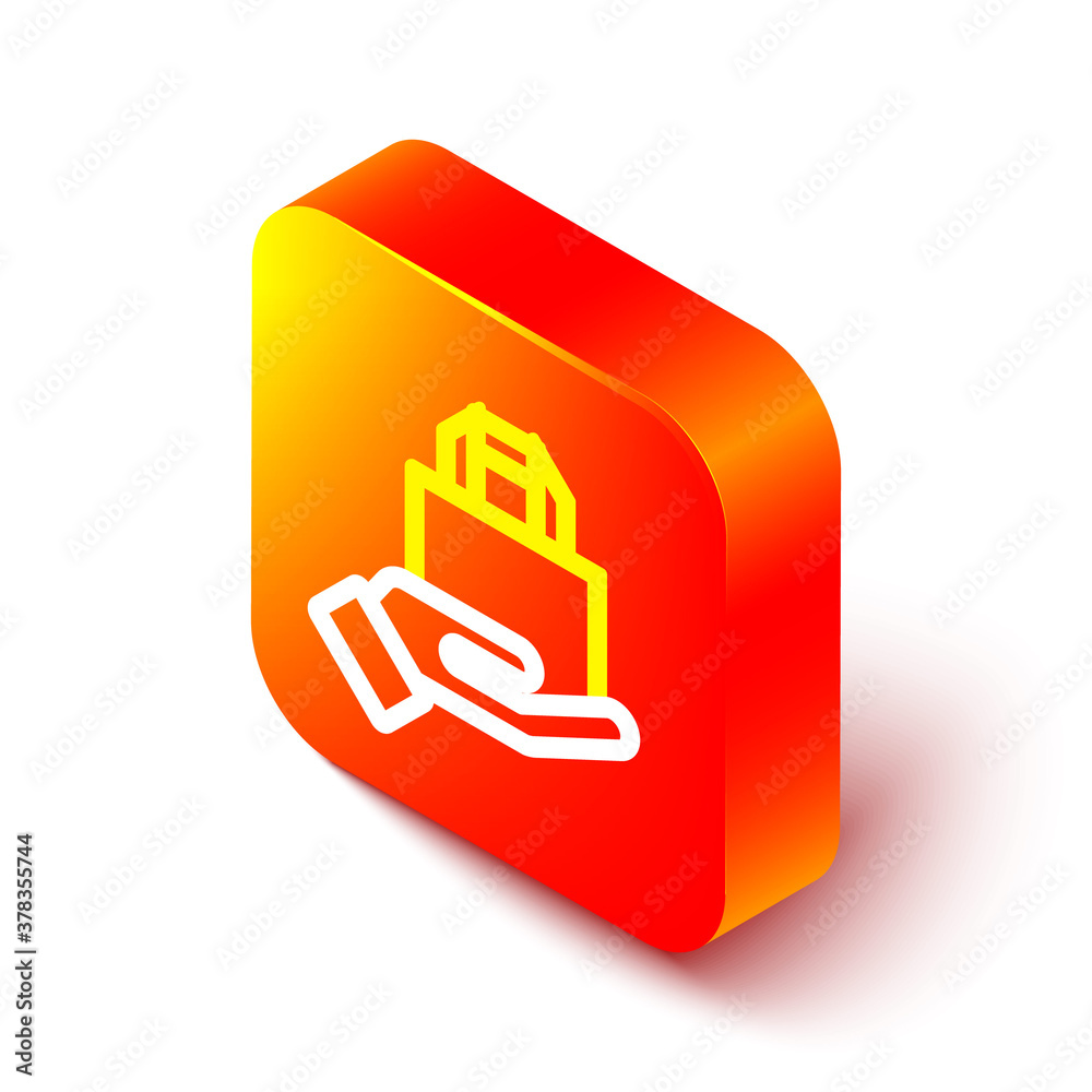 Isometric line Online ordering and fast food delivery icon isolated on white background. Orange squa